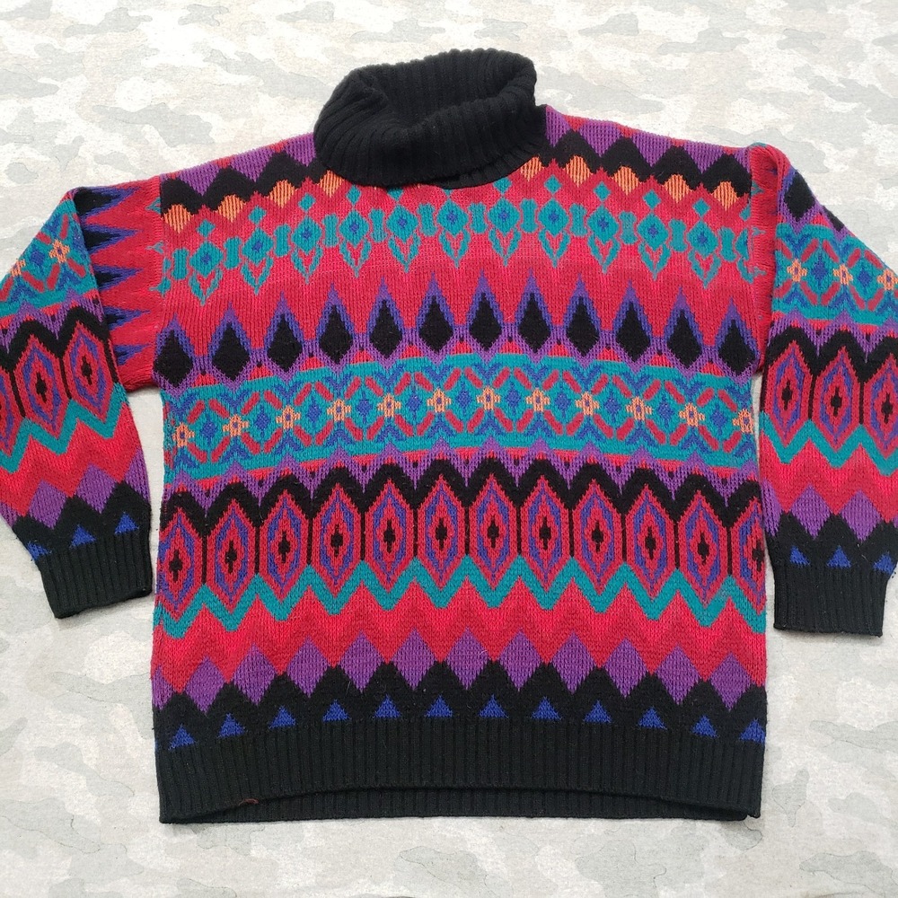 Vintage Sakura Sport Sweater Womens Large Ski  Multicolor Pullover Turtleneck